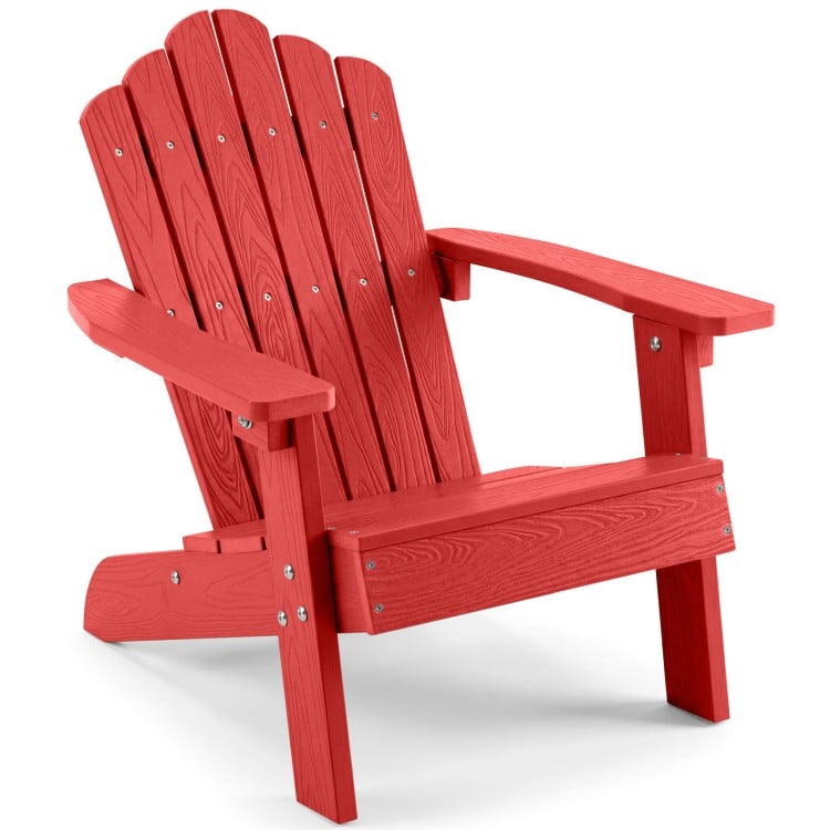 Red Kids Adirondack chair made of all-weather HIPS material with a tilted high backrest for outdoor relaxation.