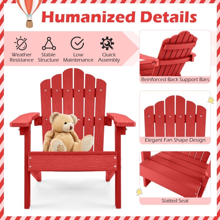 Kids Adirondack chair in red with tilted high backrest and widened armrests, perfect for outdoor relaxation.