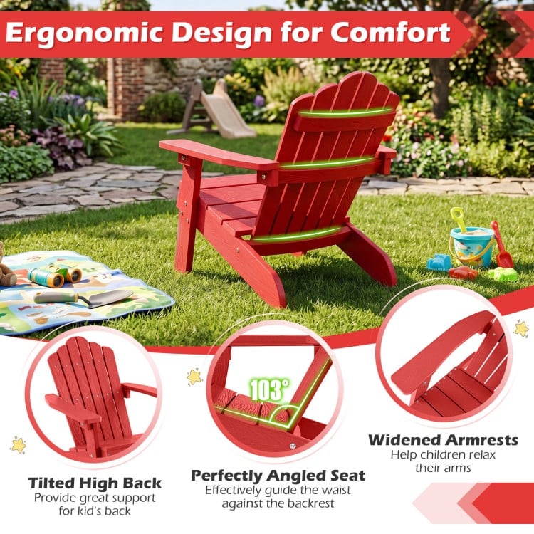 Red kids Adirondack chair with tilted high backrest and widened armrests, perfect for outdoor relaxation and support.