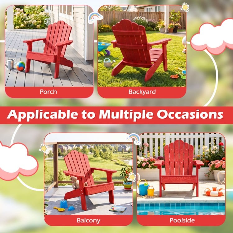Kids Adirondack chair in red with tilted high backrest, perfect for outdoor use on porch, balcony, or poolside.