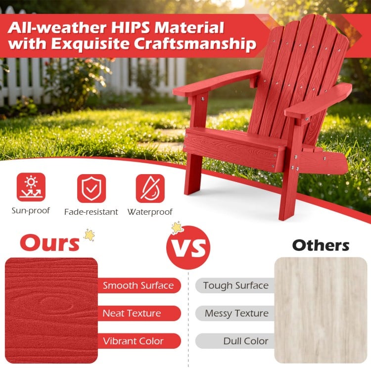 Kids Adirondack chair in red with tilted high backrest, made of all-weather HIPS material for outdoor use.