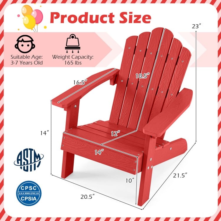 Red kids Adirondack chair showing detailed dimensions and design features, ideal for outdoor use and children's comfort.
