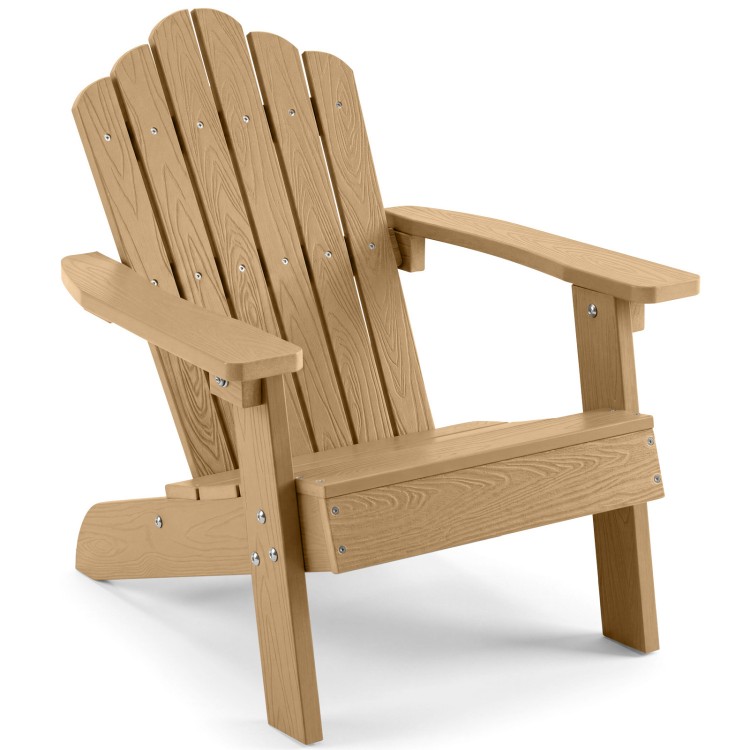 Kids Adirondack chair in brown with tilted high backrest, made of all-weather HIPS material, perfect for outdoor use.