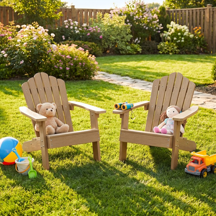 Kids Adirondack chairs in brown with tilted high backrest, perfect for outdoor relaxation in the backyard.