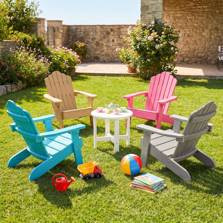 Colorful kids Adirondack chairs in various shades, featuring tilted high backrests for outdoor relaxation in the garden.