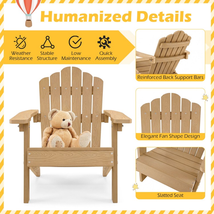 Kids Adirondack chair in brown with tilted high backrest, reinforced support bars, and slatted seat for outdoor use.