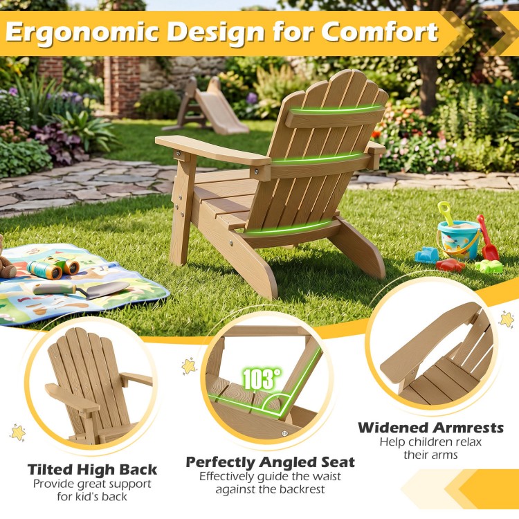 Kids Adirondack chair in brown with tilted high backrest and widened armrests, perfect for outdoor relaxation.