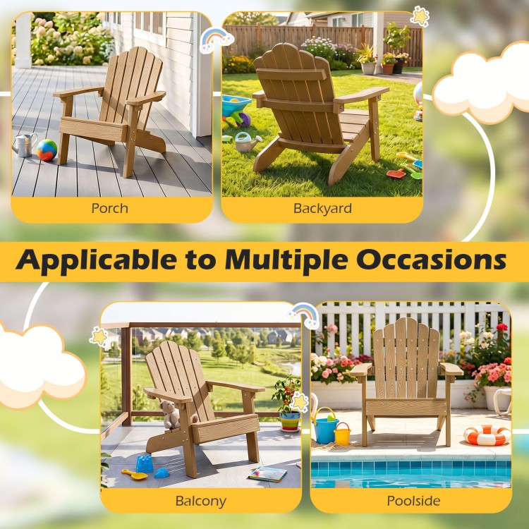 Kids Adirondack chair in brown with tilted high backrest, ideal for outdoor use on porch, balcony, or poolside.