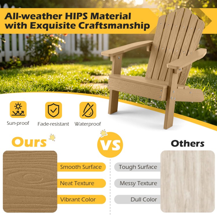 Kids Adirondack chair in brown with tilted high backrest, made of all-weather HIPS material for outdoor use.
