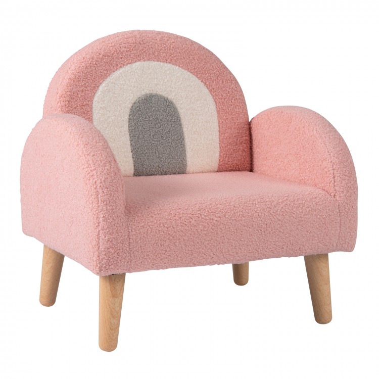 Kids armchair in pink teddy fleece with ergonomic backrest and armrests, perfect for home or kindergarten use.