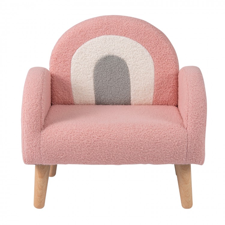 Kids armchair in pink with ergonomic backrest and armrests, covered in soft teddy fleece for comfort and support.
