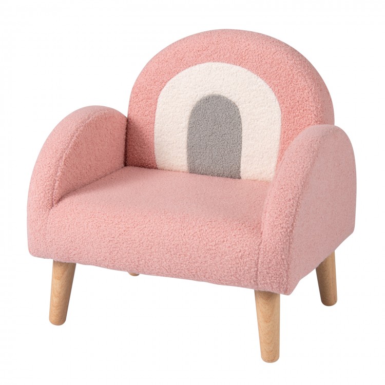Kids armchair in pink with comfy backrest and armrests, covered in soft teddy fleece, perfect for home or kindergarten.