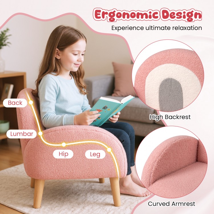 Kids armchair in pink teddy fleece, featuring a high backrest and curved armrests, designed for comfort and support.