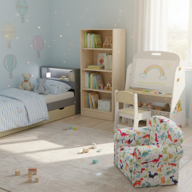 Kids bedroom furniture set featuring a colorful chair, bookshelf, and easel for reading, learning, and resting.
