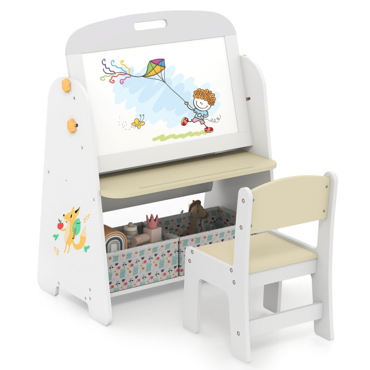 Kids bedroom furniture set featuring a dual-sided easel, bookshelf, and chair for reading, learning, and resting.
