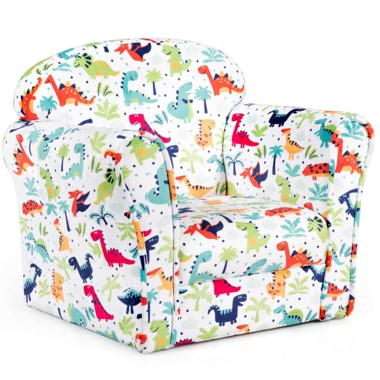 Kids sofa with colorful dinosaur pattern, perfect for reading and learning in a child-friendly bedroom.