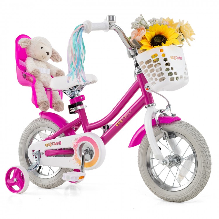 Kids bike with 12-inch wheels, training wheels, and dual brake system, perfect for 3-4 years old, in pink with a basket.