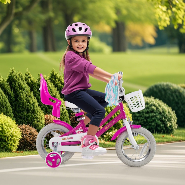 Kids bike with 12-inch wheels, training wheels, and dual brake system, perfect for 3-4 years old, shown in a park.