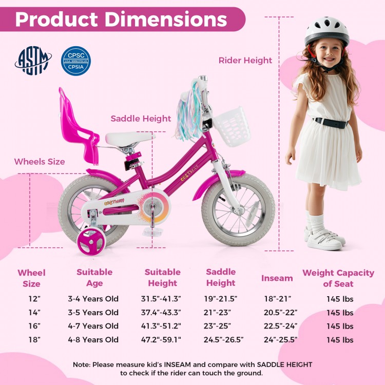Kids bike with 12-inch wheels, adjustable seat, training wheels, and dual brake system for ages 3-4 years.