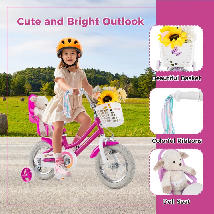 Kids bike with 12-inch wheels, training wheels, and a colorful basket, perfect for safe riding and fun for ages 3-4.