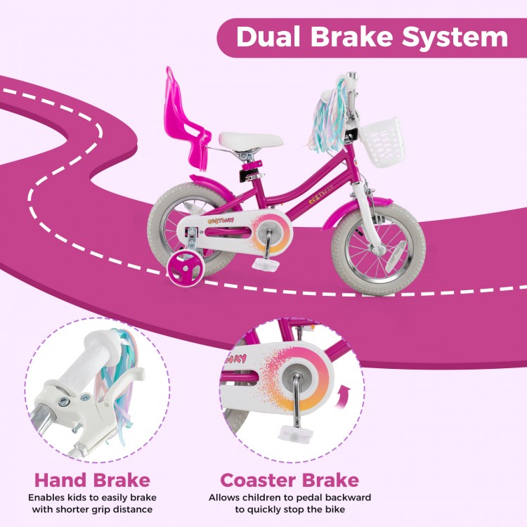Kids bike with 12-inch wheels, dual brake system, and training wheels, perfect for ages 3-4 for safe riding.