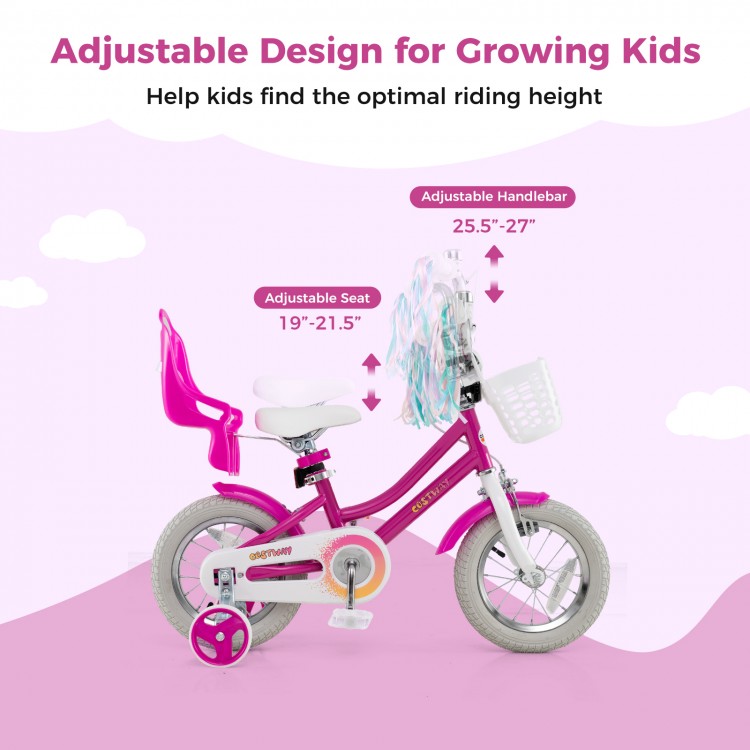 Kids bike with 12-inch wheels, adjustable seat and handlebars, training wheels, and dual brake system for ages 3-4.