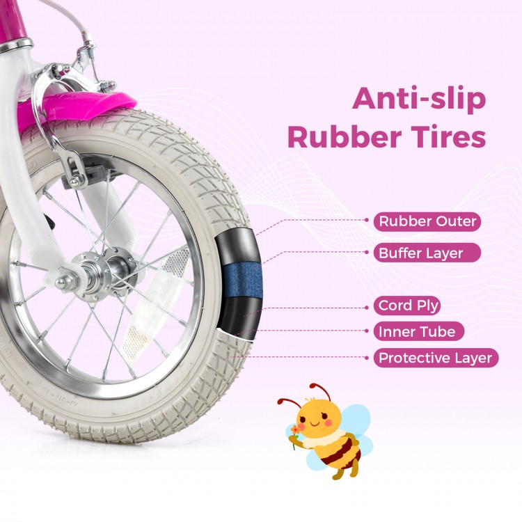 Close-up of the anti-slip rubber tire featuring a rubber outer and protective layer for enhanced safety on kids' bikes.