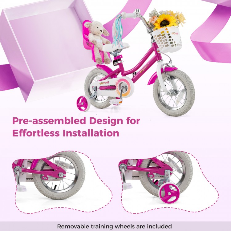 Kids bike with 12-inch wheels, removable training wheels, and dual brake system, perfect for 3-4 years old.