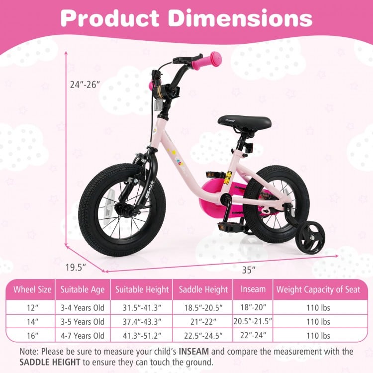 Kids bike in pink with 12-inch wheels, dual brake system, and detachable training wheels for ages 3-7 years.