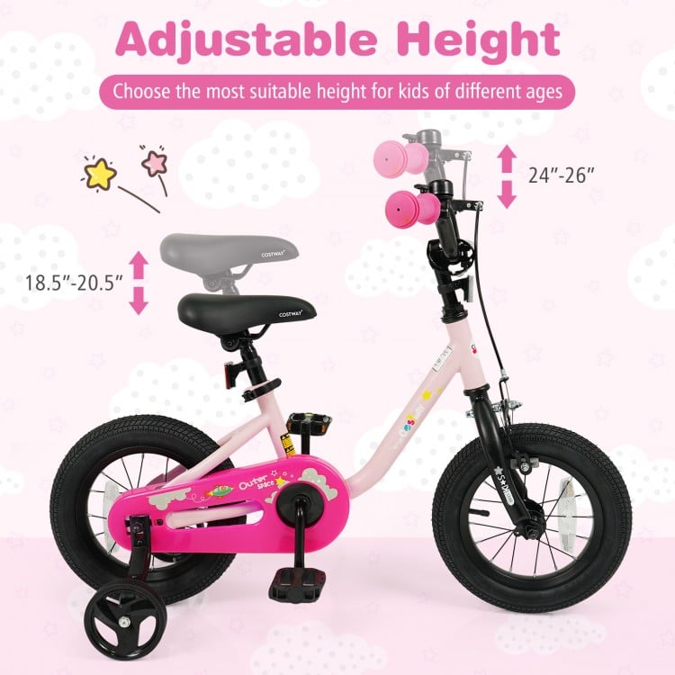 Kids bike with adjustable height, pink color, 12-inch wheels, and training wheels for ages 3-7, perfect for safe riding.
