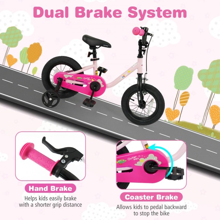 Kids bike with dual brake system, pink 12-inch frame, and detachable training wheels for ages 3-7.