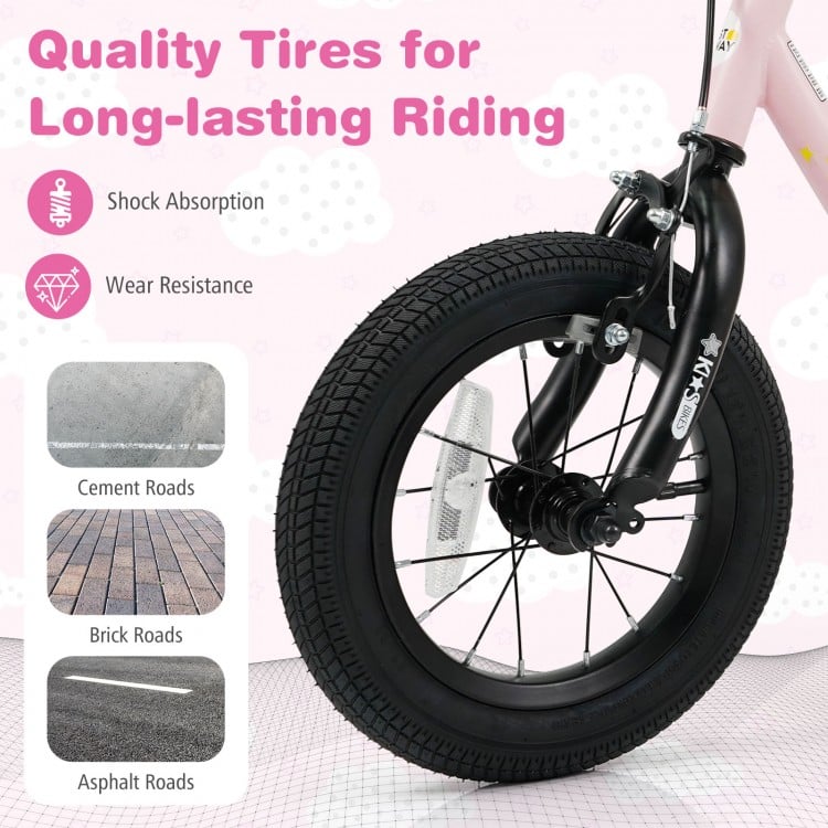 Close-up of the 12-inch kids bike tire showcasing wear resistance and shock absorption for safe riding on various.