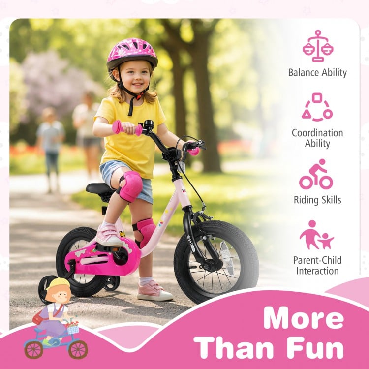 Kids bike in pink for ages 3-7, featuring training wheels, dual brakes, and ergonomic seat for safe riding.