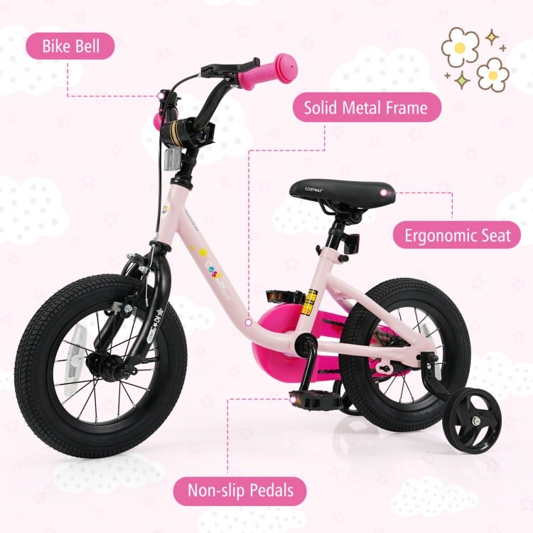Kids bike with a solid metal frame, ergonomic seat, and non-slip pedals, perfect for ages 3-7, in pink color.