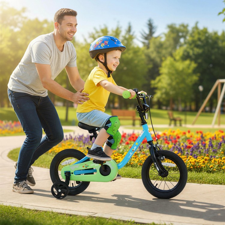 Kids bike with detachable training wheels, ergonomic seat, and dual brake system, perfect for outdoor fun and learning.