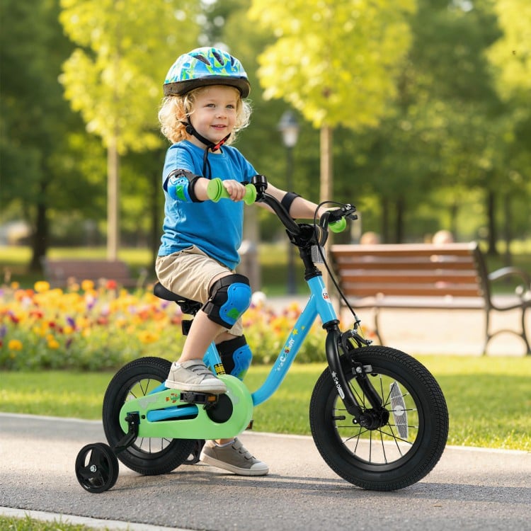 Kids bike in blue with training wheels, ergonomic seat, and dual brake system, perfect for outdoor fun and safety.