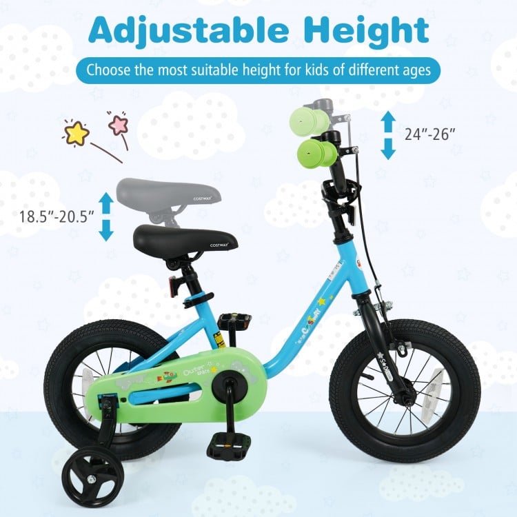 Kids bike with adjustable height, 12-inch blue frame, detachable training wheels, and dual brake system for safety.