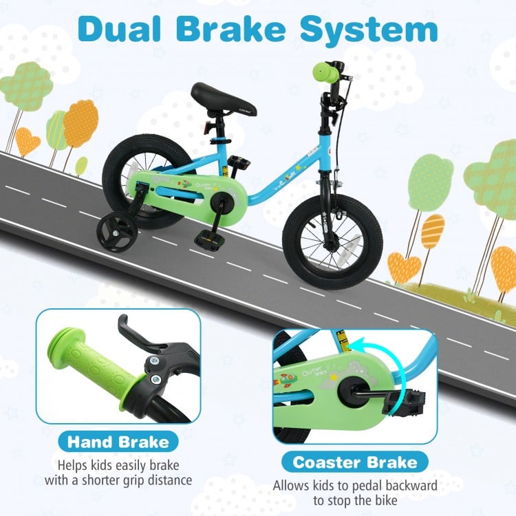Kids bike with dual brake system, 12-inch blue frame, training wheels, and enclosed chain guard for safe riding.