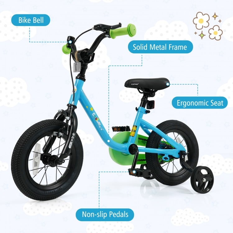 Kids bike with solid metal frame, ergonomic seat, and non-slip pedals, designed for ages 3-7, ideal for safe riding.