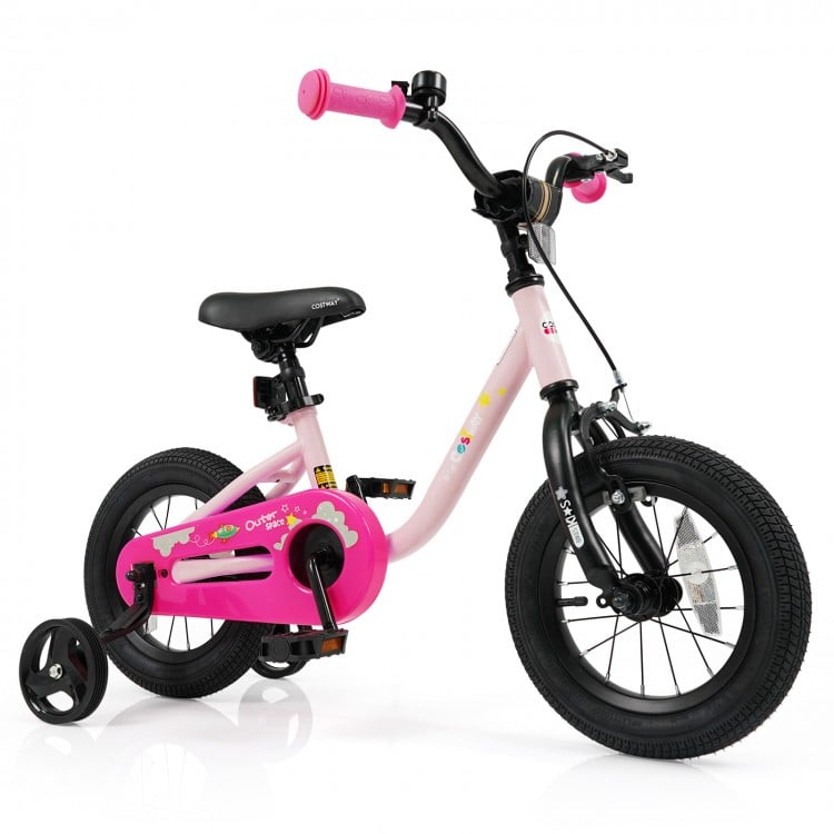 Kids bike in pink for ages 3-7, featuring a 12-inch frame, training wheels, and dual brake system for safe riding.