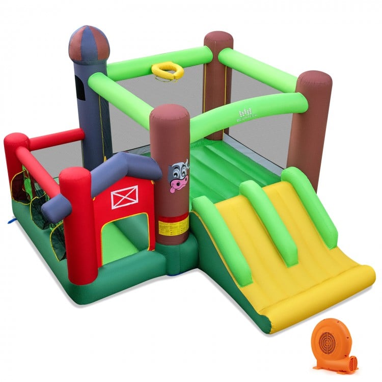 Kids Castle Slide Bouncer with dual slides, PVC surfaces, and mesh walls, perfect for outdoor fun and play.