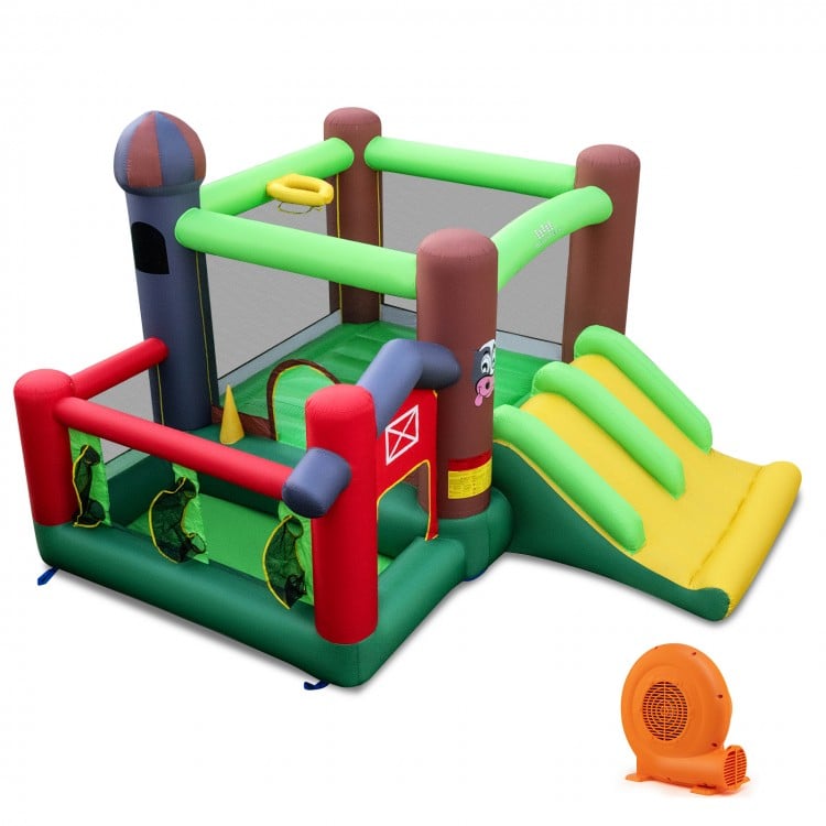 Kids Castle Slide Bouncer with dual slides, basketball rim, and mesh walls, perfect for outdoor fun and entertainment.