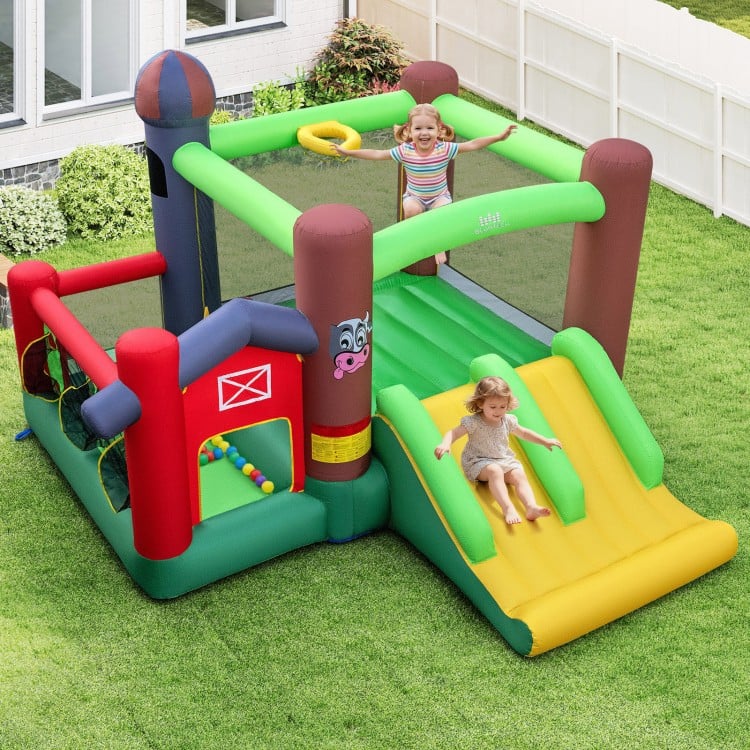 Kids Castle Slide Bouncer featuring dual slides and a jumping mat, perfect for outdoor fun and entertainment.
