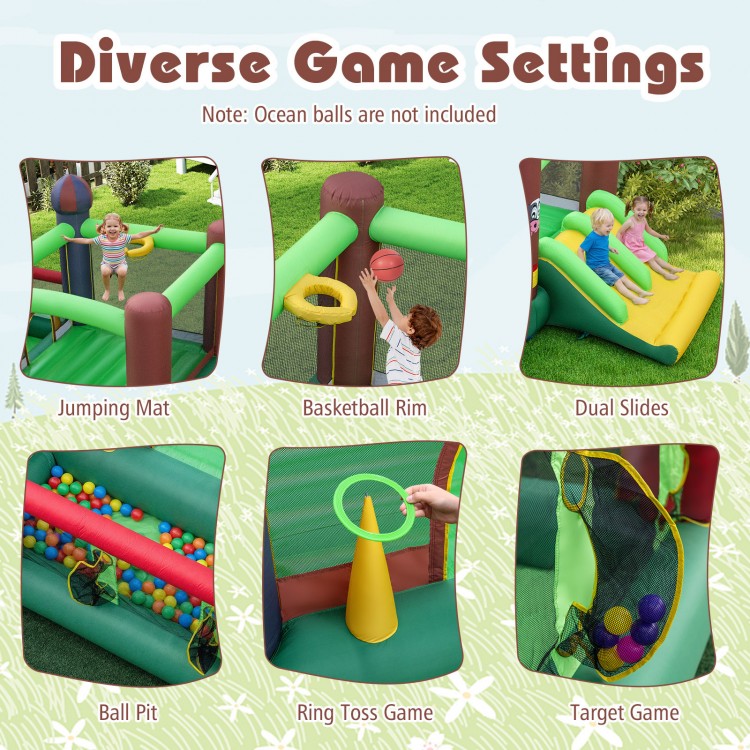 Kids Castle Slide Bouncer features dual slides, a jumping mat, and diverse game settings for outdoor fun.