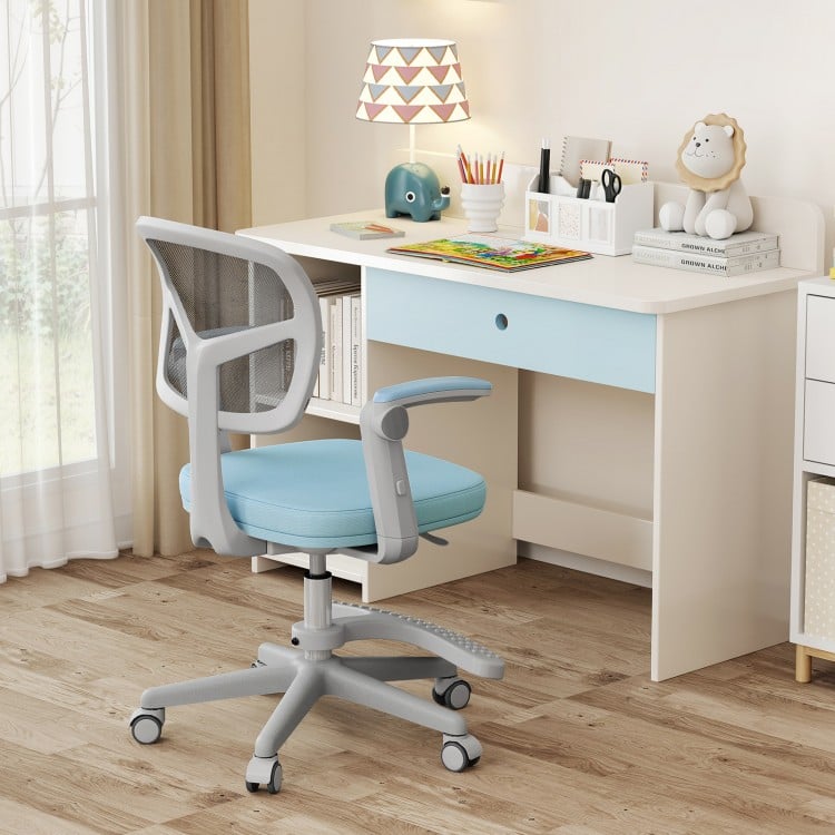 Blue kids desk chair with a padded seat cushion, adjustable footrest, and mesh backrest for enhanced comfort and.