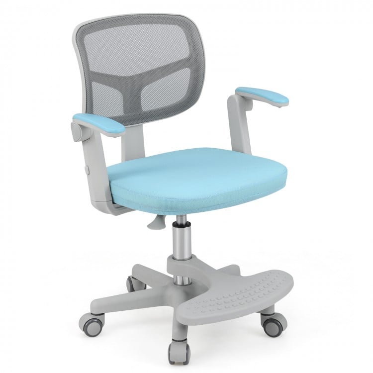 Blue kids desk chair featuring a mesh backrest, swivel seat, and wide footrest for enhanced comfort and ergonomic.