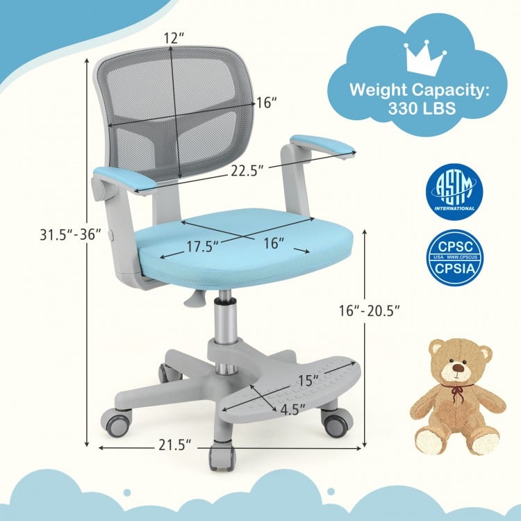 Kids desk chair in blue with adjustable height, armrests, and footrest for comfortable study sessions.