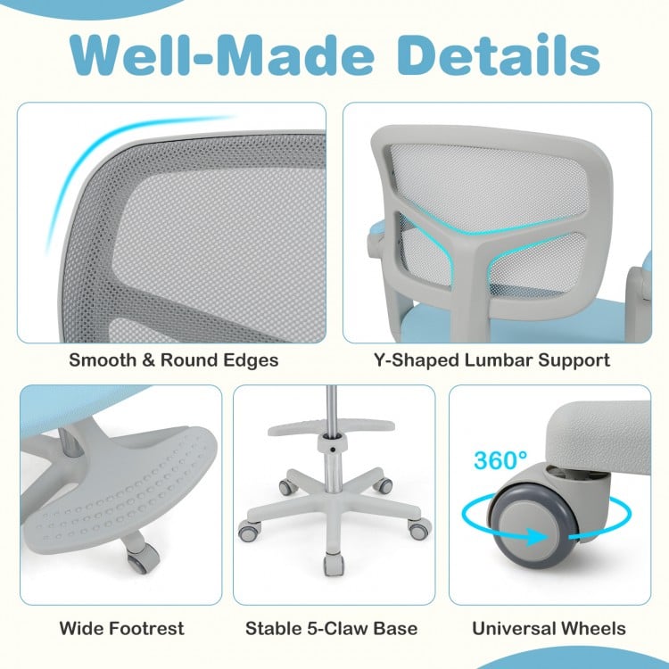 Kids desk chair with adjustable height, Y-shaped lumbar support, and universal wheels for comfortable study sessions.