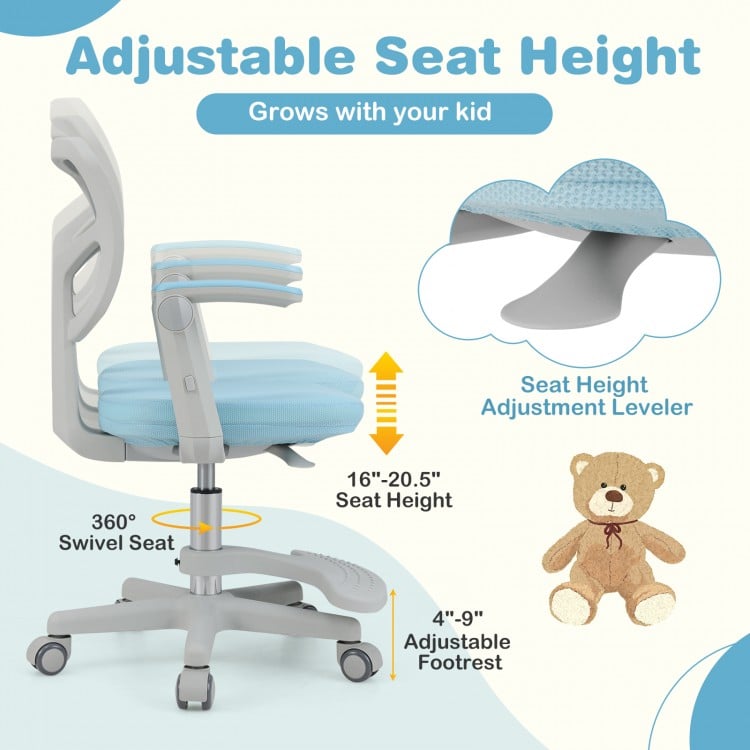 Kids desk chair in blue with adjustable height, swivel seat, and footrest for ergonomic study comfort.