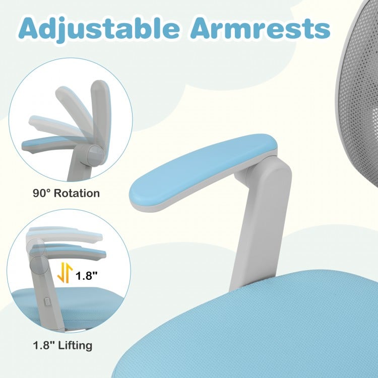 Adjustable armrests of the blue kids desk chair, featuring 90° rotation and 1.8" lifting for ergonomic comfort.